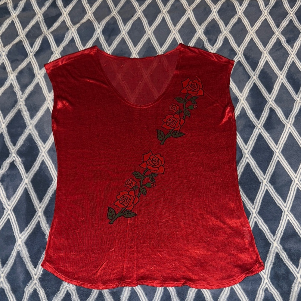 Red Rose-Embroidered Women's Cap Sleeve Tank Top